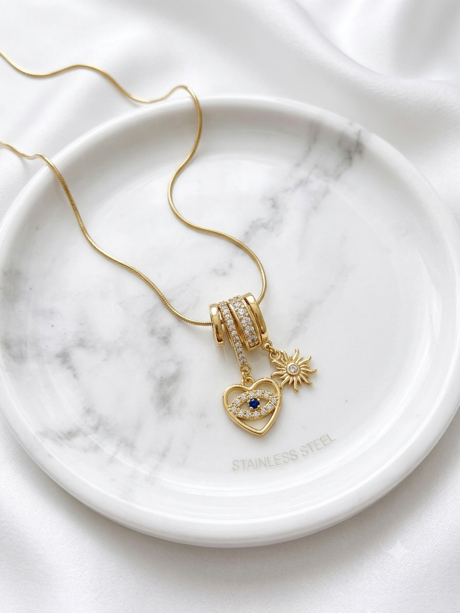 Celestial Evil Eye & Sun Charm Gold Pendant Necklace