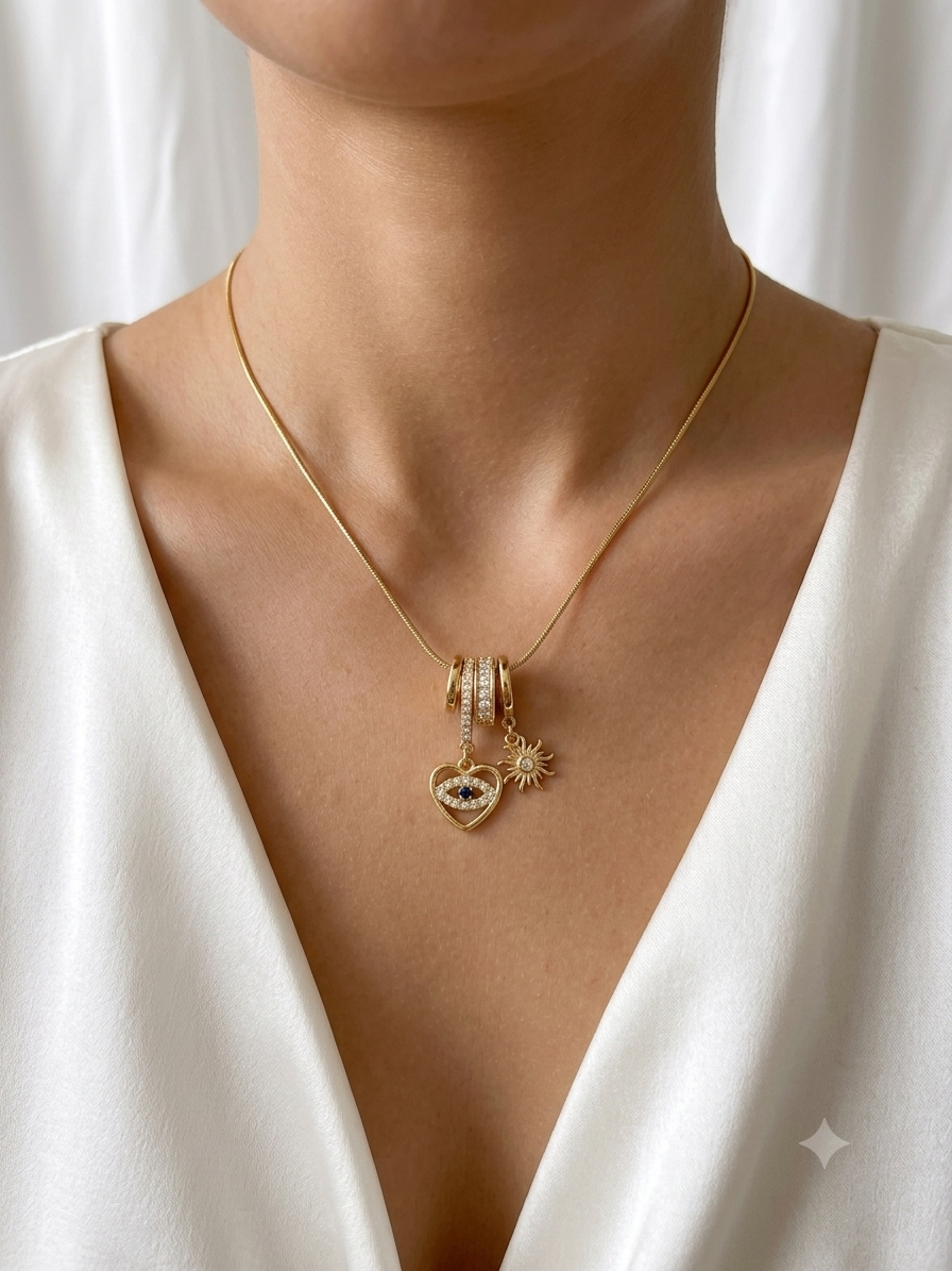 Celestial Evil Eye & Sun Charm Gold Pendant Necklace