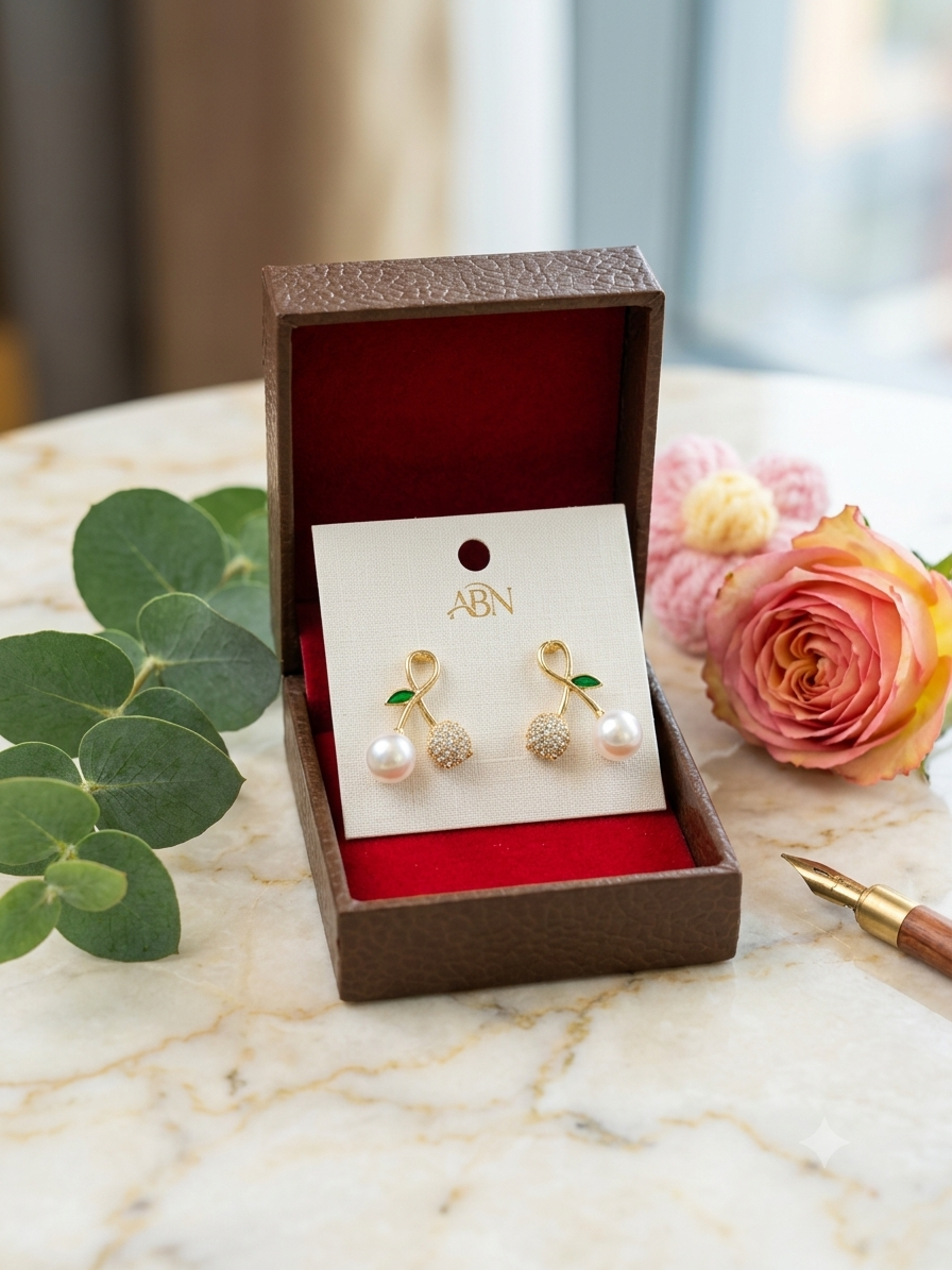 Gold cherry pearl drop earrings